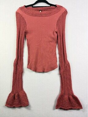 Free People Women's SP Pink Rib Knit Bell Sleeve Boho Sweater Top